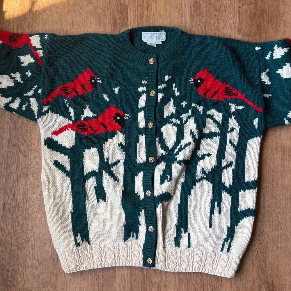 Vintage Quissett Cove Cardinal Birds 100% Shetland WOOL Cardigan Sweater - Picture 2 of 8